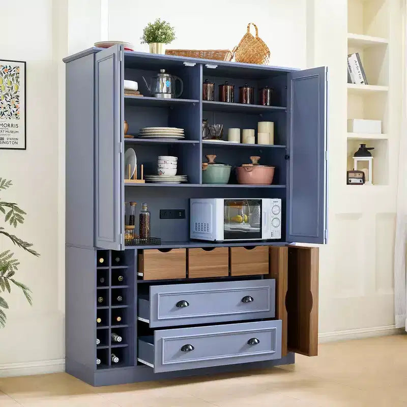 Garde-manger de cuisine autoportant Whisen de 180 cm de haut, grand buffet de salle à manger avec 4 portes pliantes, étagères, porte-bouteilles