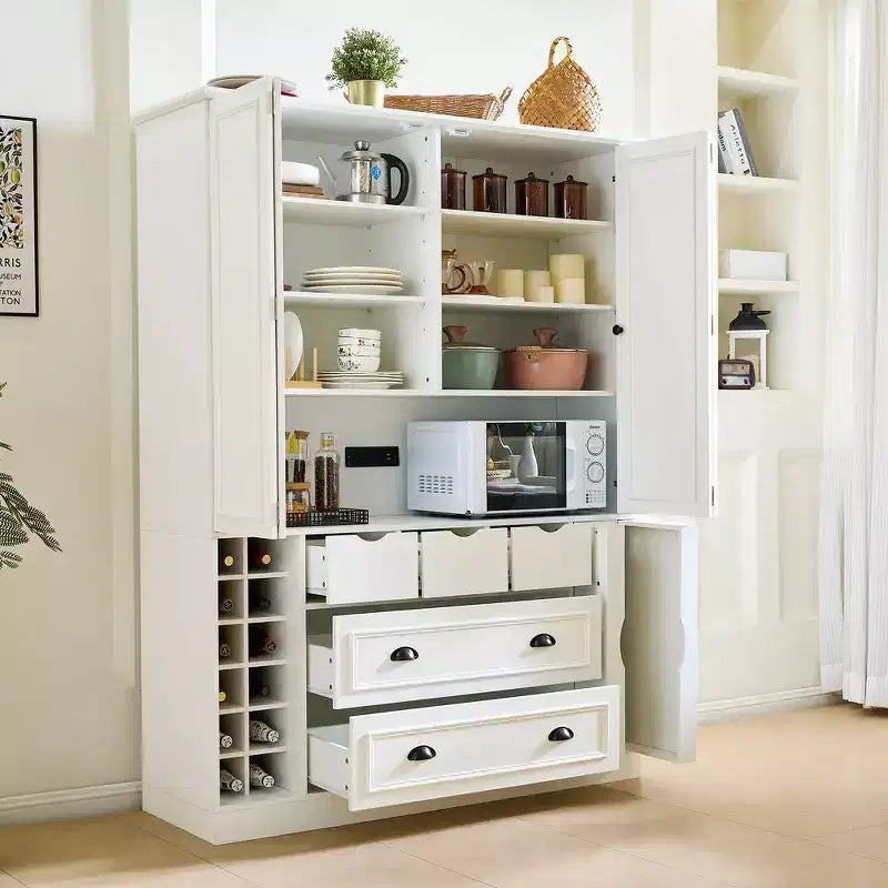 Garde-manger de cuisine autoportant Whisen de 180 cm de haut, grand buffet de salle à manger avec 4 portes pliantes, étagères, porte-bouteilles