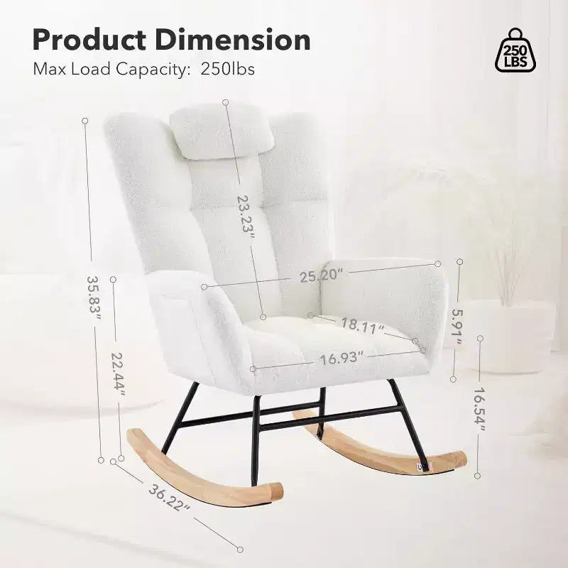 Fauteuil à bascule de chambre d'enfant Teddy, fauteuil à bascule pivotant rembourré avec dossier haut et siège rembourré pour le salon