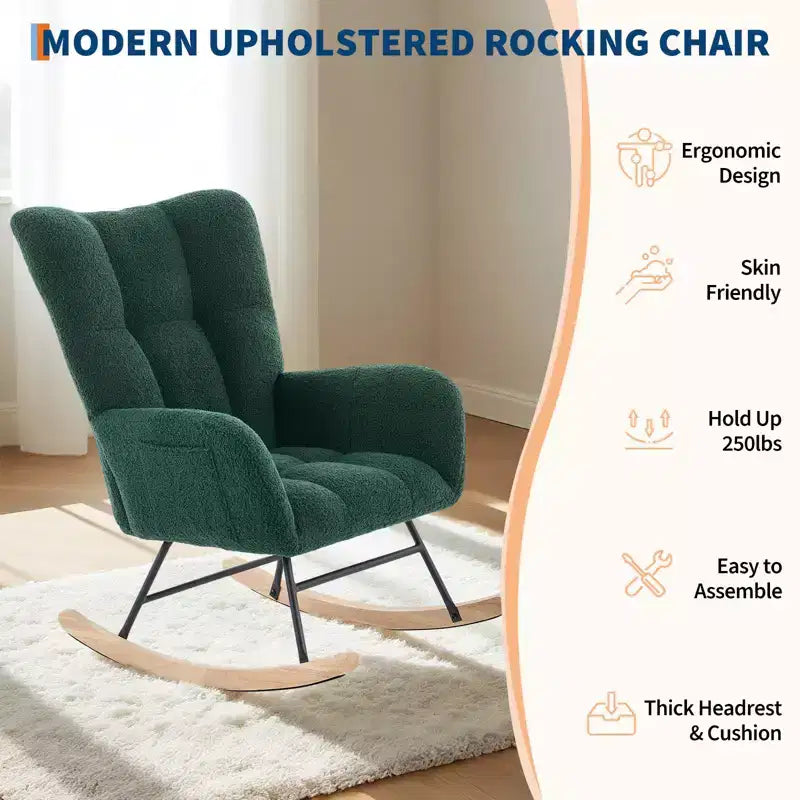 Fauteuil à bascule de chambre d'enfant Teddy, fauteuil à bascule pivotant rembourré avec dossier haut et siège rembourré pour le salon