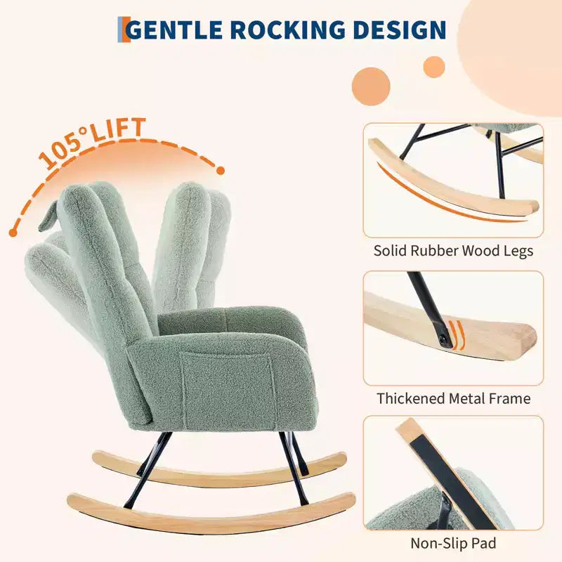 Fauteuil à bascule de chambre d'enfant Teddy, fauteuil à bascule pivotant rembourré avec dossier haut et siège rembourré pour le salon