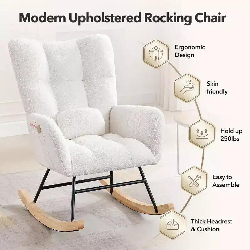 Fauteuil à bascule de chambre d'enfant Teddy, fauteuil à bascule pivotant rembourré avec dossier haut et siège rembourré pour le salon