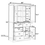 Armoire de cuisine autoportante Whisen 72"H, grands buffets de rangement, meuble de bar à café avec portes vitrées, tiroirs - Blanc