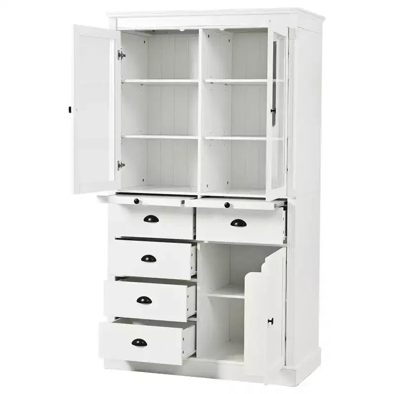 Armoire de cuisine autoportante Whisen 72"H, grands buffets de rangement, meuble de bar à café avec portes vitrées, tiroirs - Blanc