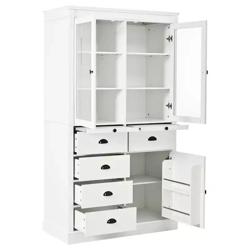 Armoire de cuisine autoportante Whisen 72"H, grands buffets de rangement, meuble de bar à café avec portes vitrées, tiroirs - Blanc