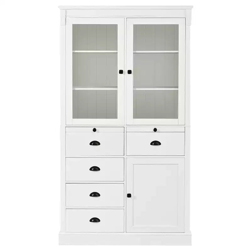 Armoire de cuisine autoportante Whisen 72"H, grands buffets de rangement, meuble de bar à café avec portes vitrées, tiroirs - Blanc