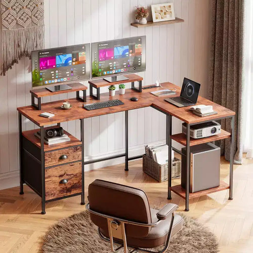 59 Inch Brown L Shaped Computer Desk with Charging Station Reversible Corner Gaming Desk File Cabinet Monitor Stand Storage Home Office Workstation