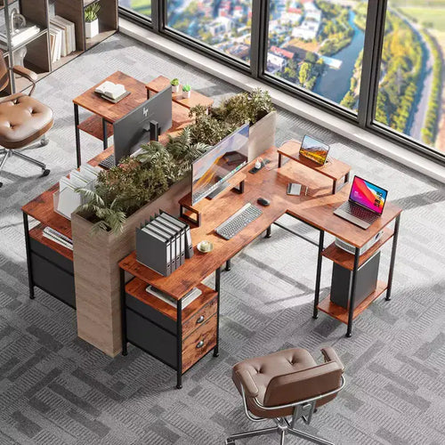 Bureau informatique en forme de L marron de 59 pouces avec station de charge, bureau d'angle réversible pour gamer, meuble de classement, support d'écran, rangement pour bureau à domicile