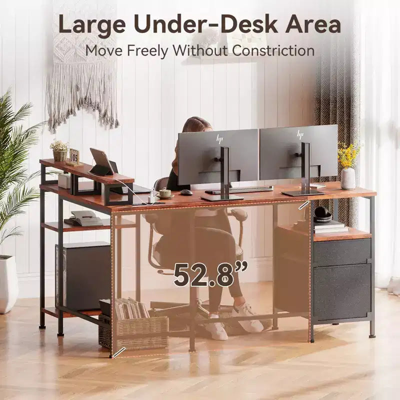 Bureau informatique en forme de L marron de 59 pouces avec station de charge, bureau d'angle réversible pour gamer, meuble de classement, support d'écran, rangement pour bureau à domicile