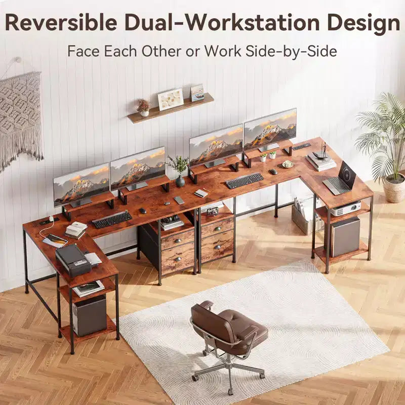 Bureau informatique en forme de L marron de 59 pouces avec station de charge, bureau d'angle réversible pour gamer, meuble de classement, support d'écran, rangement pour bureau à domicile