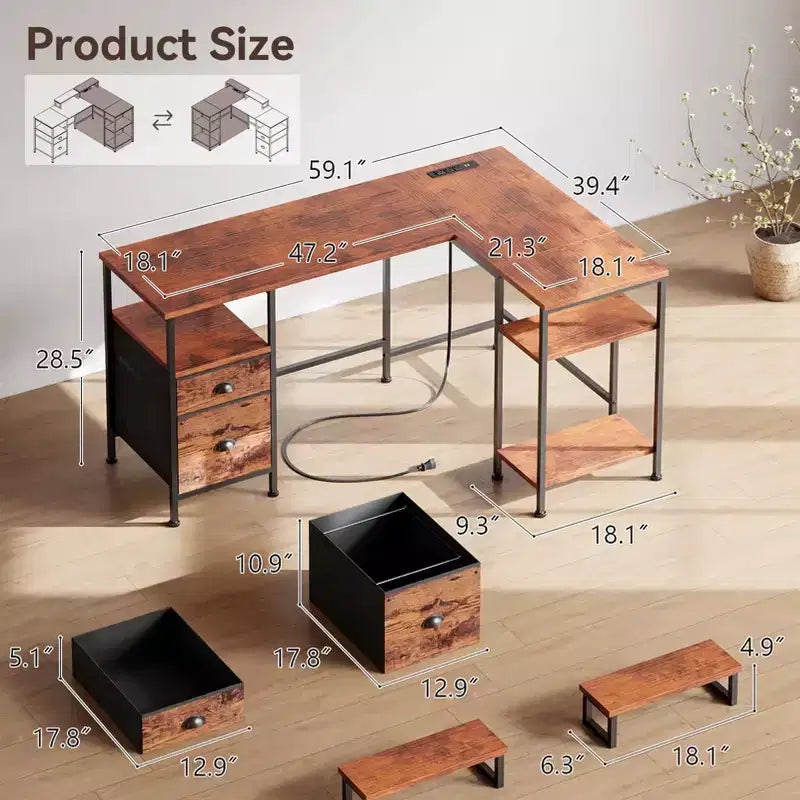 Bureau informatique en forme de L marron de 59 pouces avec station de charge, bureau d'angle réversible pour gamer, meuble de classement, support d'écran, rangement pour bureau à domicile