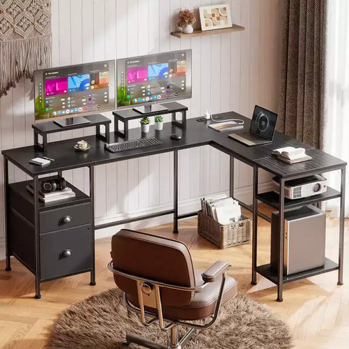 66 Inch Black L Shaped Computer Desk with Charging Station Reversible Corner Gaming Desk File Cabinet Monitor Stand Storage Home Office Workstation