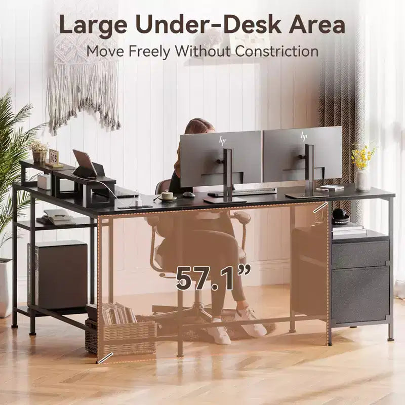 Bureau d'ordinateur noir en L de 66 pouces avec station de charge, bureau d'angle réversible pour jeux vidéo, meuble de classement, support d'écran, rangement pour bureau à domicile