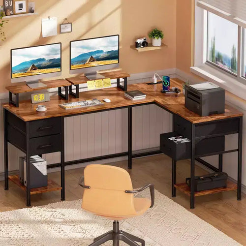 59 Inch Rustic Brown L Shaped Computer Desk with Charging Station Two Person Gaming Desk 4 Drawers 2 Monitor Stands Home Office Corner Workstation