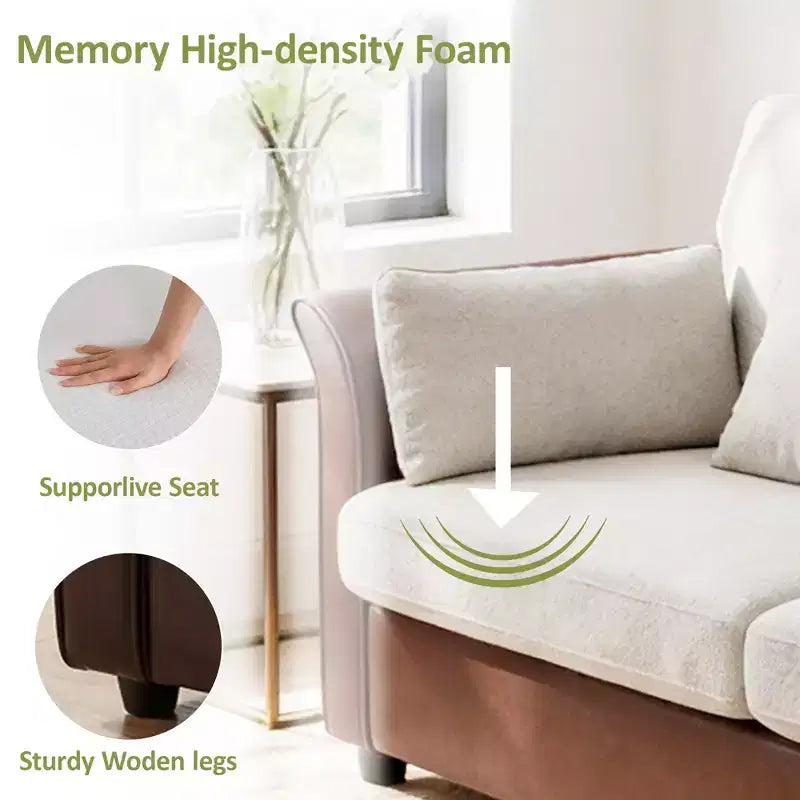 Canapé 2 places Dyonery de 78 pouces avec 4 oreillers décoratifs, revêtement en tissu polaire et cuir PU, coussins confortables en mousse à mémoire de forme, assemblage sans outil