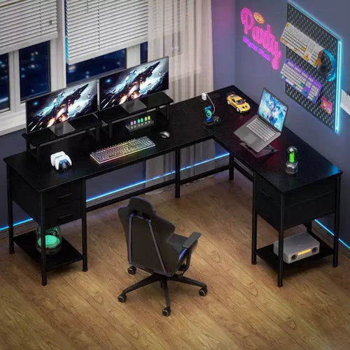 66 Inch Black L Shaped Computer Desk with Charging Station 94.4 Inch Long Two Person Gaming Desk 4 Drawers 2 Monitor Stands Home Office Storage