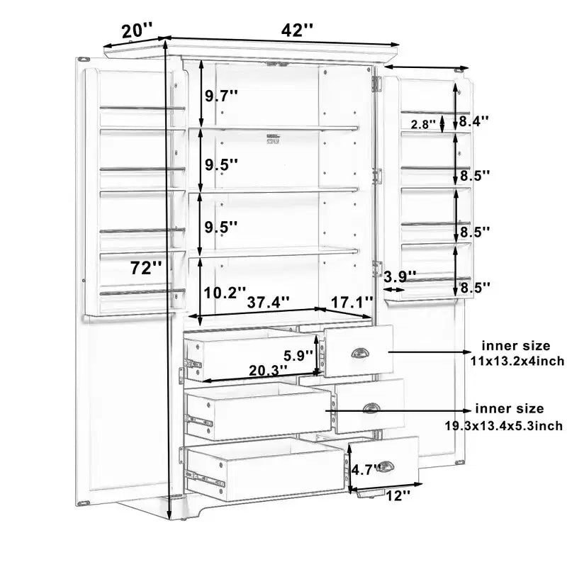 Whisen Meuble de cuisine autoportant de 183 cm de hauteur, grand placard de rangement pour salle à manger avec étagères de porte, étagères réglables