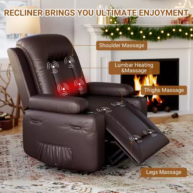 Fauteuil inclinable électrique avec fonction chauffante et massage, canapé de salon ergonomique en cuir PU - Dossier haut, siège rembourré, fauteuil de relaxation réglable