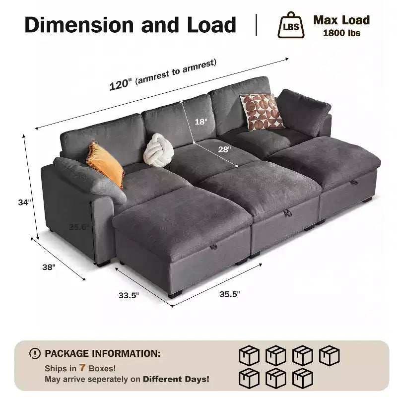 Canapé sectionnel modulaire Dyonery 120, canapé Cloud garni de duvet avec pouf de rangement, canapé d'angle surdimensionné avec 2 oreillers, canapés 3 places, beige