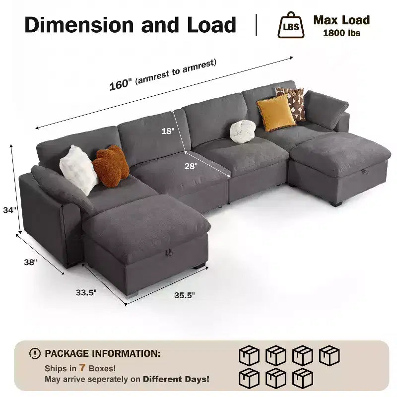 Canapé sectionnel modulaire Dyonery 120, canapé Cloud garni de duvet avec pouf de rangement, canapé d'angle surdimensionné avec 2 oreillers, canapés 3 places, beige