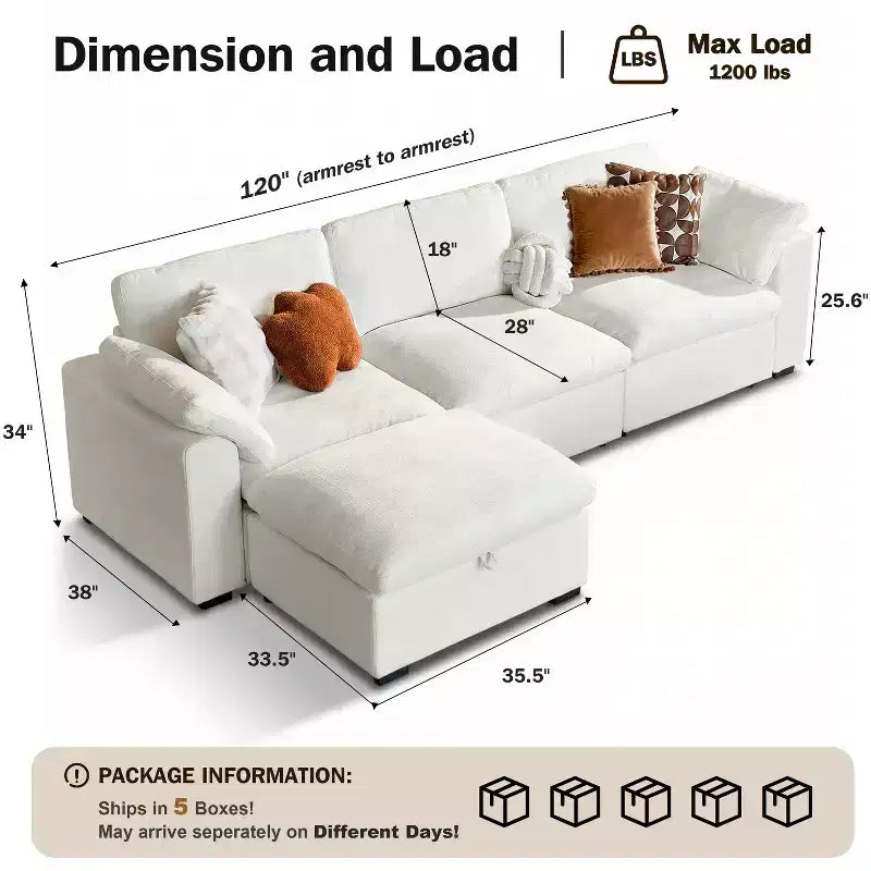 Canapé sectionnel modulaire Dyonery 120, canapé Cloud garni de duvet avec pouf de rangement, canapé d'angle surdimensionné avec 2 oreillers, canapés 3 places, beige