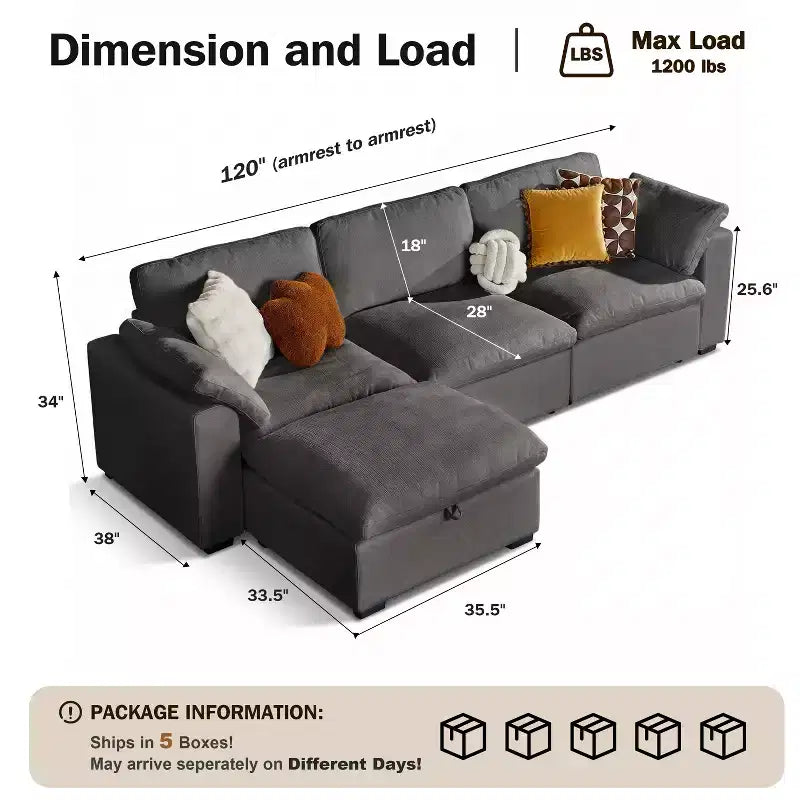 Canapé sectionnel modulaire Dyonery 120, canapé Cloud garni de duvet avec pouf de rangement, canapé d'angle surdimensionné avec 2 oreillers, canapés 3 places, beige