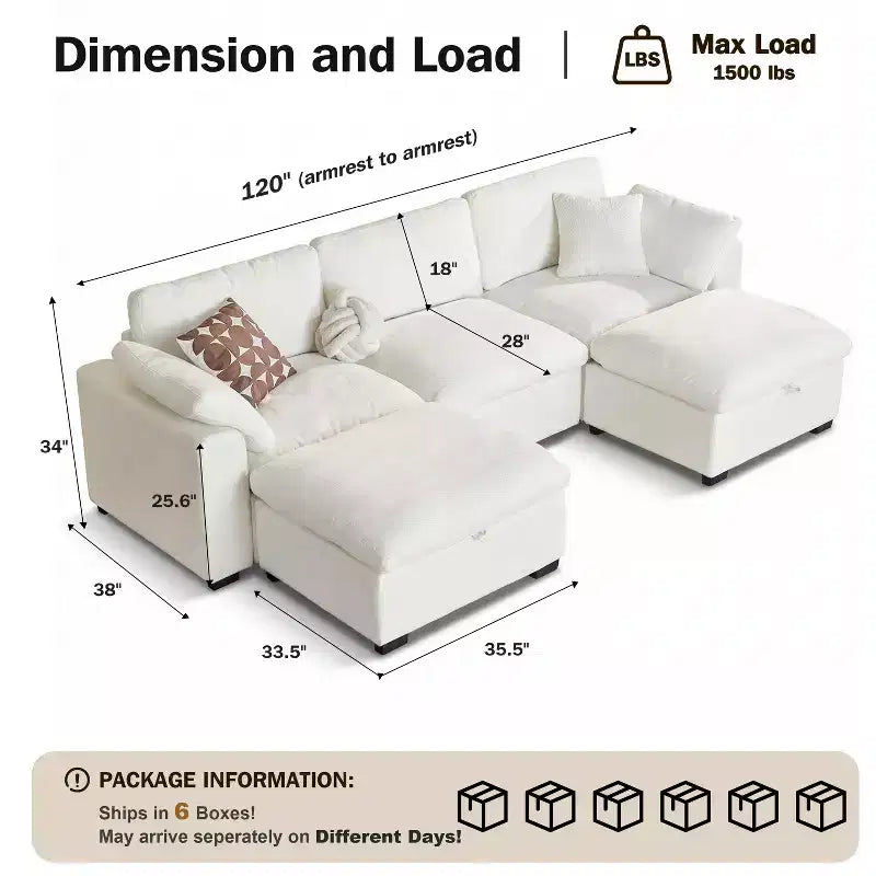 Canapé sectionnel modulaire Dyonery 120, canapé Cloud garni de duvet avec pouf de rangement, canapé d'angle surdimensionné avec 2 oreillers, canapés 3 places, beige