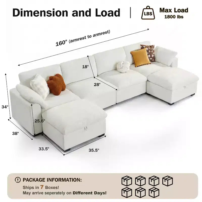 Canapé sectionnel modulaire Dyonery 120, canapé Cloud garni de duvet avec pouf de rangement, canapé d'angle surdimensionné avec 2 oreillers, canapés 3 places, beige