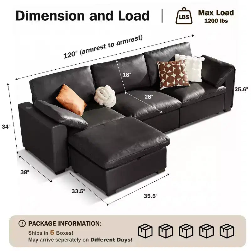 Canapé sectionnel modulaire Dyonery 120, canapé Cloud garni de duvet avec pouf de rangement, canapé d'angle surdimensionné avec 2 oreillers, canapés 3 places, beige