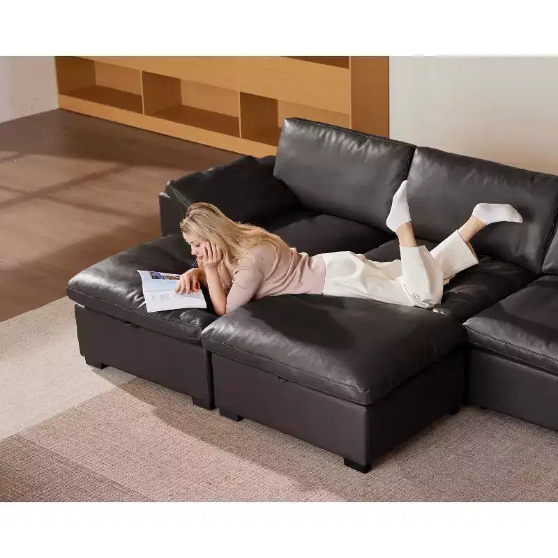 Canapé sectionnel modulaire Dyonery 120, canapé Cloud garni de duvet avec pouf de rangement, canapé d'angle surdimensionné avec 2 oreillers, canapés 3 places, beige