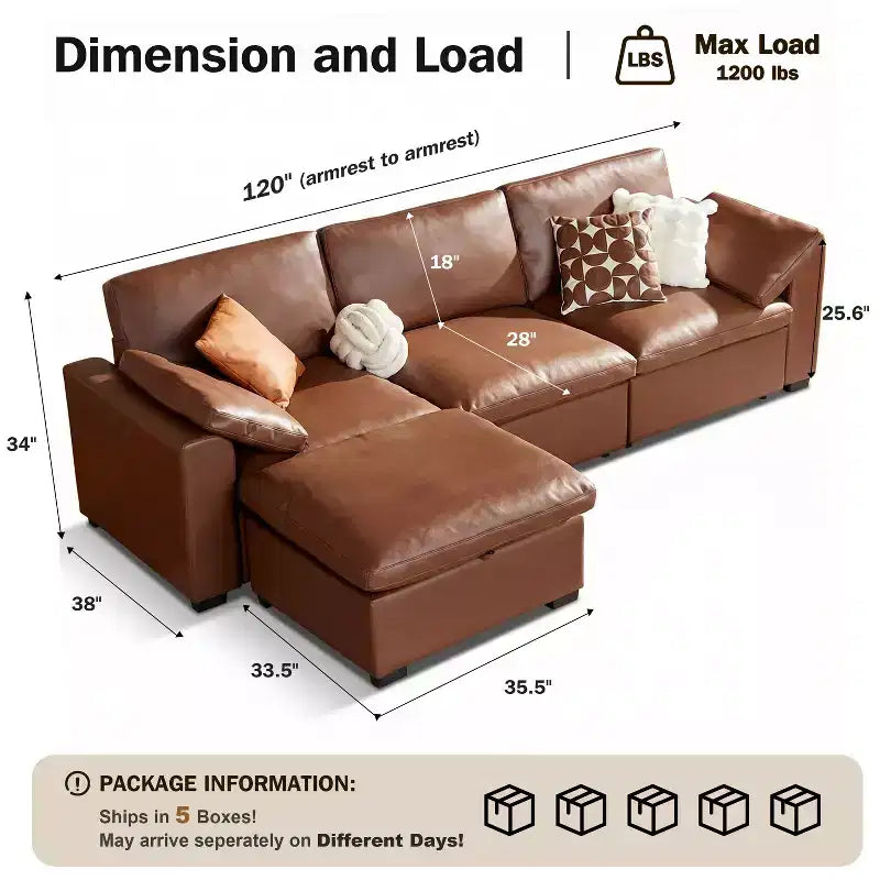 Canapé sectionnel modulaire Dyonery 120, canapé Cloud garni de duvet avec pouf de rangement, canapé d'angle surdimensionné avec 2 oreillers, canapés 3 places, beige