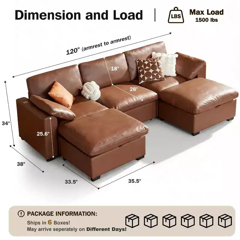 Canapé sectionnel modulaire Dyonery 120, canapé Cloud garni de duvet avec pouf de rangement, canapé d'angle surdimensionné avec 2 oreillers, canapés 3 places, beige
