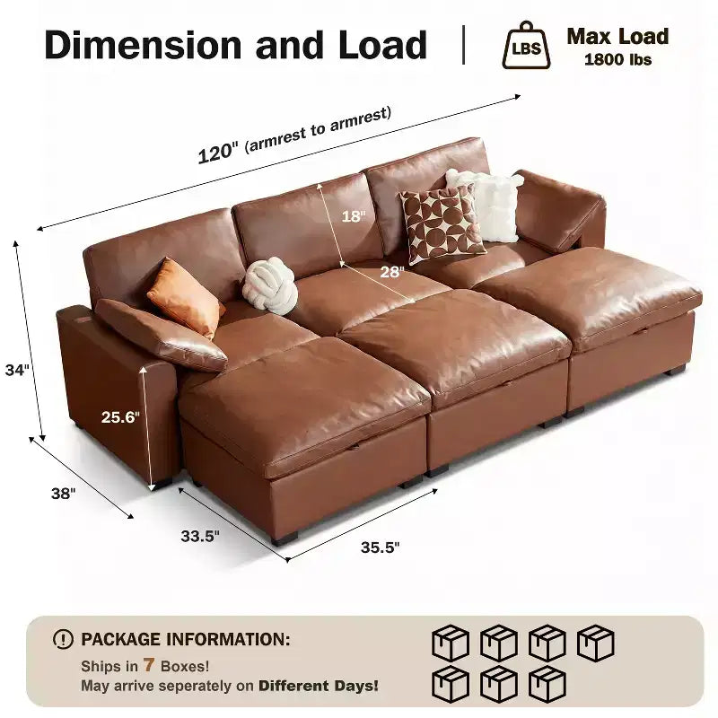 Canapé sectionnel modulaire Dyonery 120, canapé Cloud garni de duvet avec pouf de rangement, canapé d'angle surdimensionné avec 2 oreillers, canapés 3 places, beige