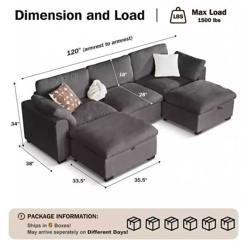 Canapé sectionnel modulaire Dyonery 120, canapé Cloud garni de duvet avec pouf de rangement, canapé d'angle surdimensionné avec 2 oreillers, canapés 3 places, beige