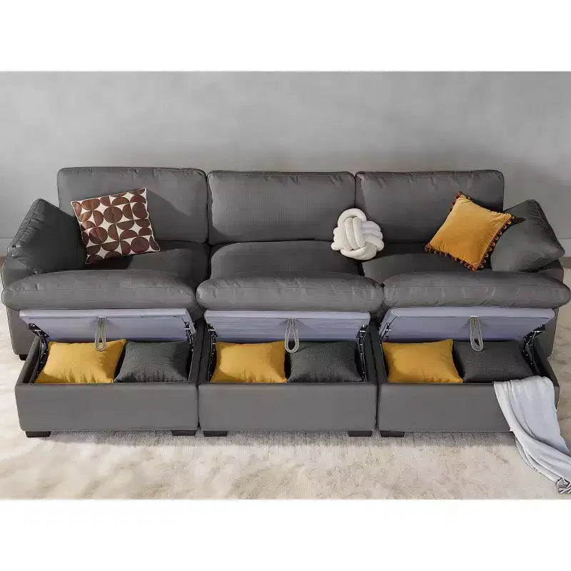Canapé sectionnel modulaire Dyonery 120, canapé Cloud garni de duvet avec pouf de rangement, canapé d'angle surdimensionné avec 2 oreillers, canapés 3 places, beige