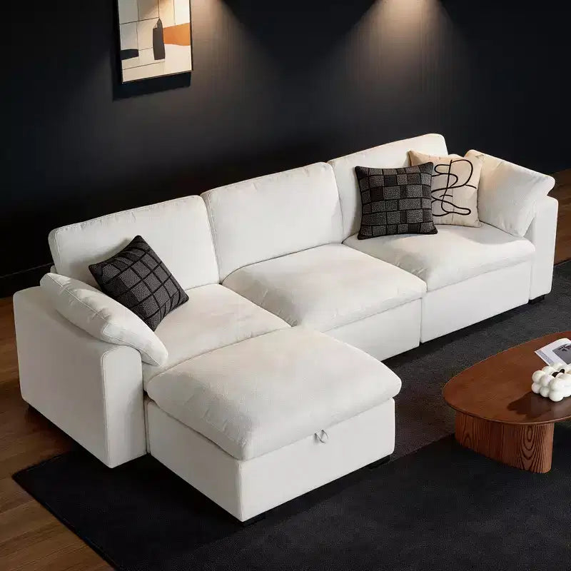 Canapé sectionnel modulaire Dyonery 120, canapé Cloud garni de duvet avec pouf de rangement, canapé d'angle surdimensionné avec 2 oreillers, canapés 3 places, beige