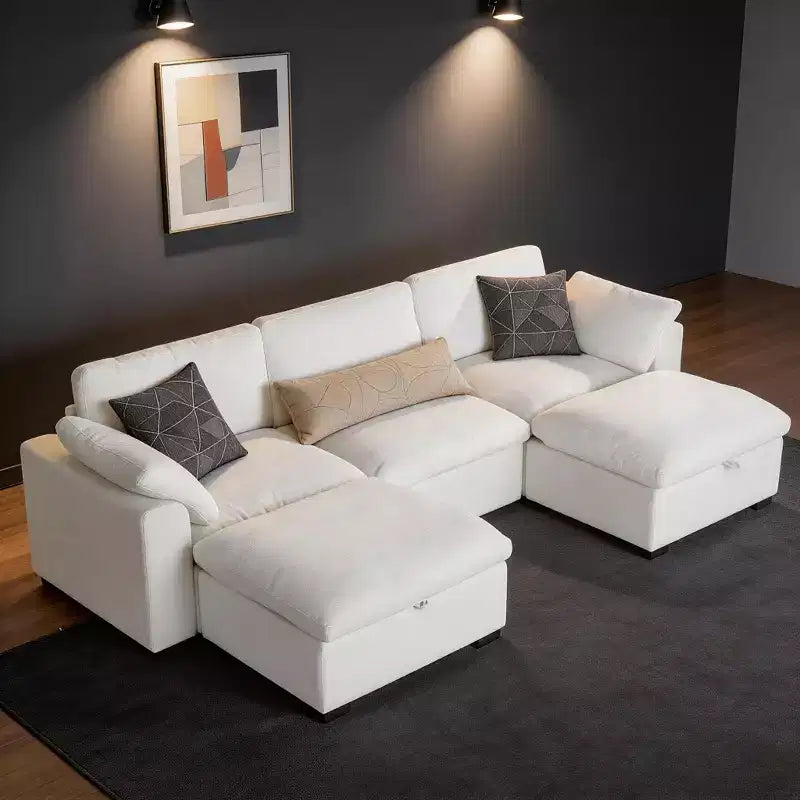 Canapé sectionnel modulaire Dyonery 120, canapé Cloud garni de duvet avec pouf de rangement, canapé d'angle surdimensionné avec 2 oreillers, canapés 3 places, beige