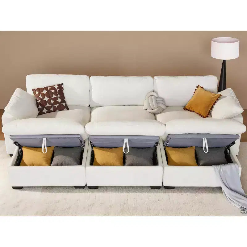 Canapé sectionnel modulaire Dyonery 120, canapé Cloud garni de duvet avec pouf de rangement, canapé d'angle surdimensionné avec 2 oreillers, canapés 3 places, beige