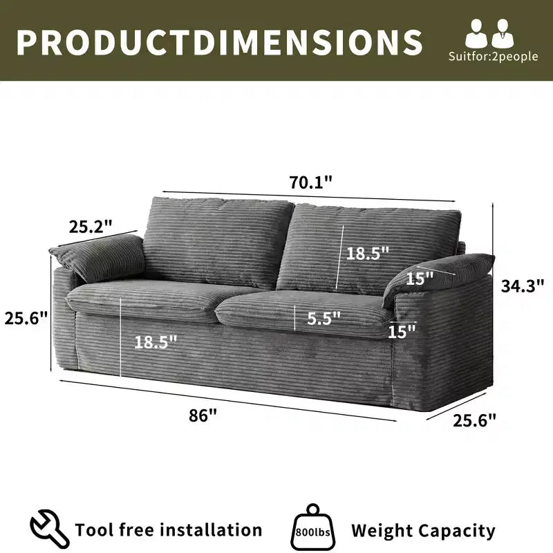 Dyonery 86 Cloud Causeuse, Canapés Causeuse en Velours Côtelé Beige pour Salon Assise Profonde, Coussins Accoudoirs Larges, Structure Robuste Design Ergonomique