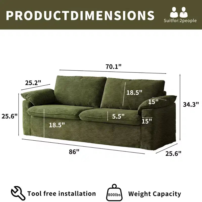Dyonery 86 Cloud Causeuse, Canapés Causeuse en Velours Côtelé Beige pour Salon Assise Profonde, Coussins Accoudoirs Larges, Structure Robuste Design Ergonomique