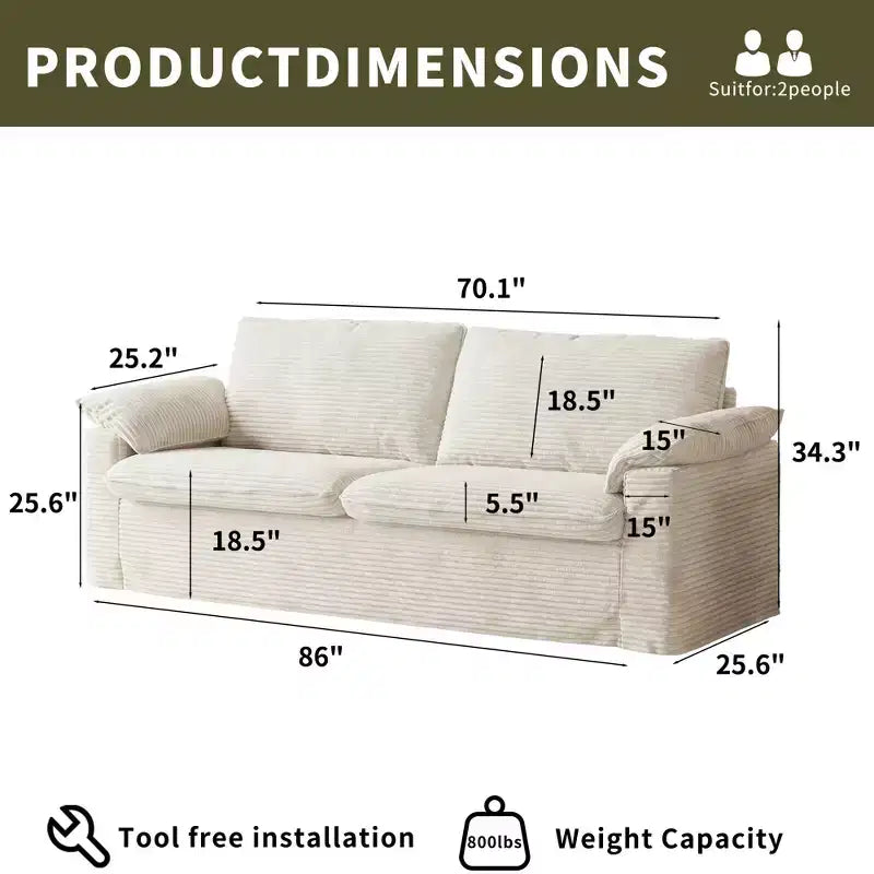 Dyonery 86 Cloud Causeuse, Canapés Causeuse en Velours Côtelé Beige pour Salon Assise Profonde, Coussins Accoudoirs Larges, Structure Robuste Design Ergonomique