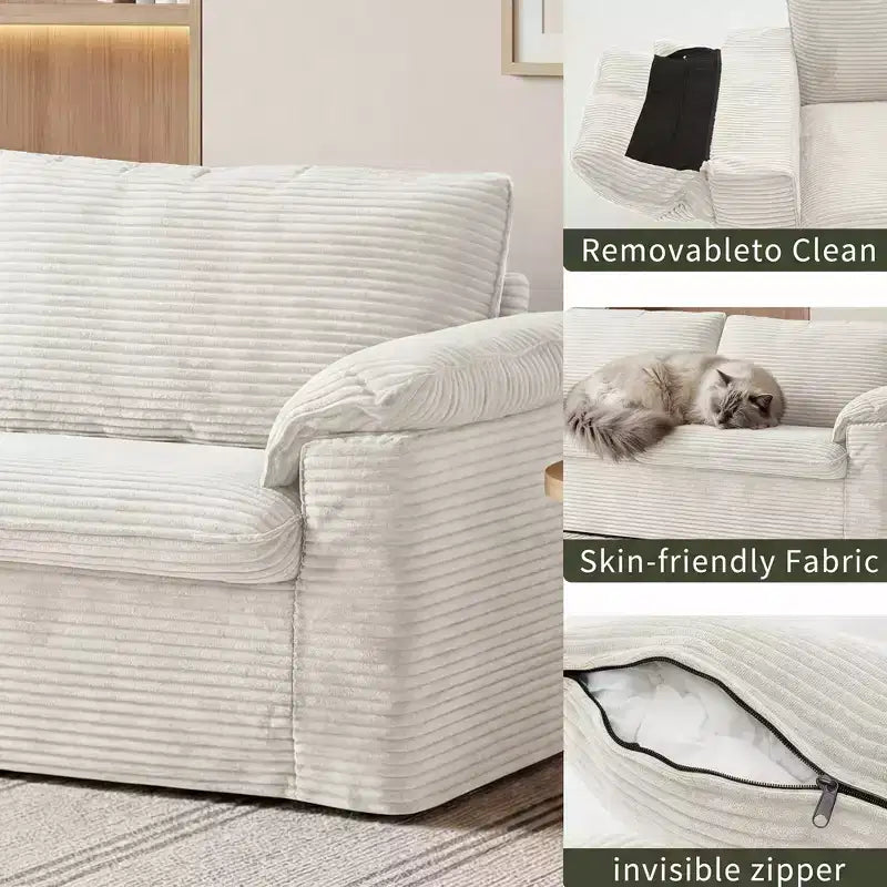 Dyonery 86 Cloud Causeuse, Canapés Causeuse en Velours Côtelé Beige pour Salon Assise Profonde, Coussins Accoudoirs Larges, Structure Robuste Design Ergonomique