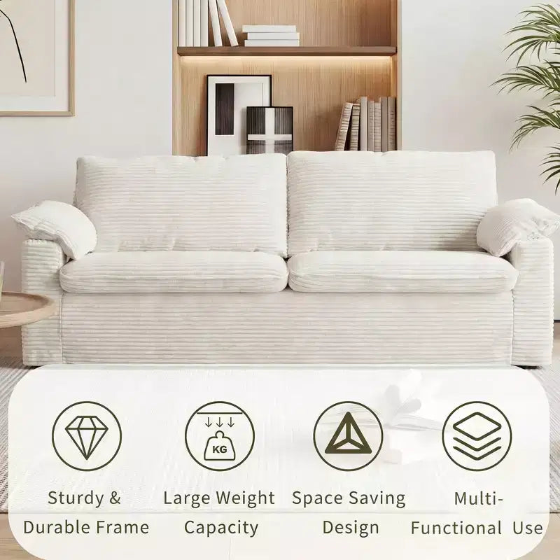 Dyonery 86 Cloud Causeuse, Canapés Causeuse en Velours Côtelé Beige pour Salon Assise Profonde, Coussins Accoudoirs Larges, Structure Robuste Design Ergonomique