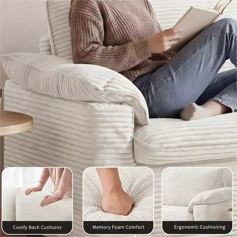 Dyonery 86 Cloud Causeuse, Canapés Causeuse en Velours Côtelé Beige pour Salon Assise Profonde, Coussins Accoudoirs Larges, Structure Robuste Design Ergonomique