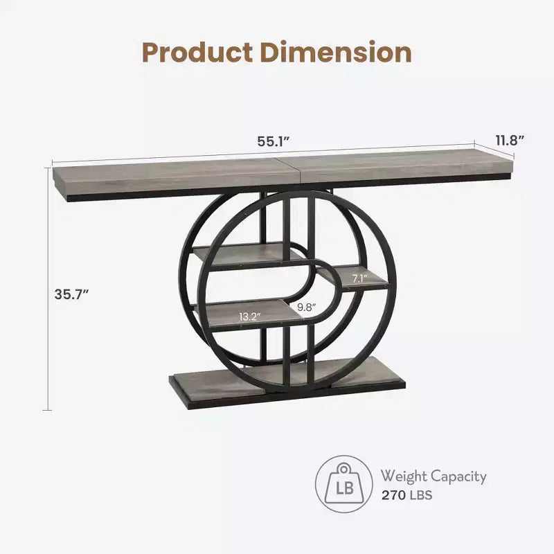 Console industrielle 55, Table d'entrée étroite à 5 niveaux avec cadre métallique et étagères de rangement multifonctionnelles pour salon et couloir