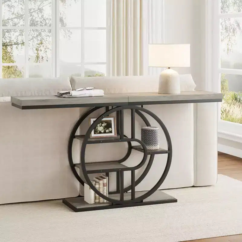 Console industrielle 55, Table d'entrée étroite à 5 niveaux avec cadre métallique et étagères de rangement multifonctionnelles pour salon et couloir