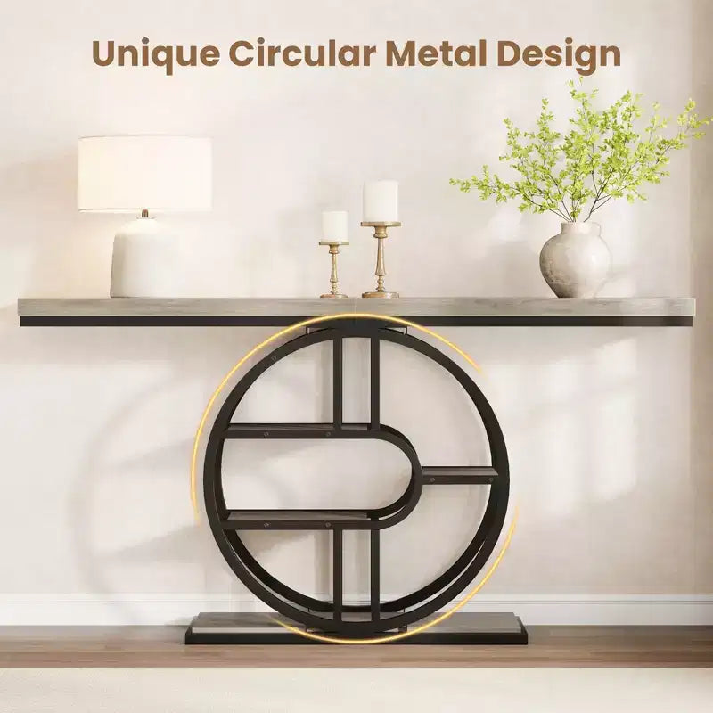 Console industrielle 55, Table d'entrée étroite à 5 niveaux avec cadre métallique et étagères de rangement multifonctionnelles pour salon et couloir