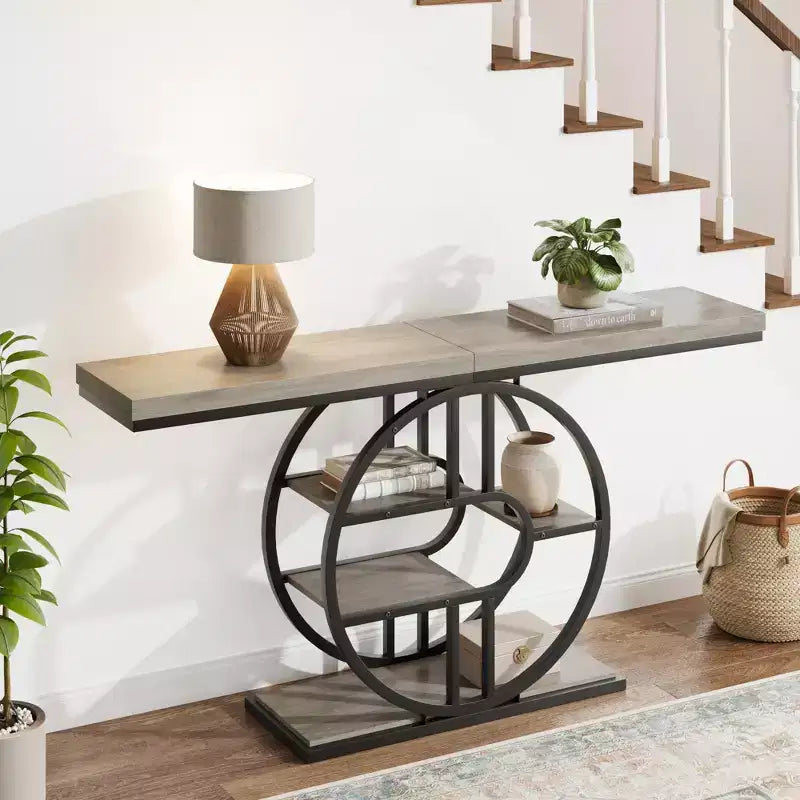 Console industrielle 55, Table d'entrée étroite à 5 niveaux avec cadre métallique et étagères de rangement multifonctionnelles pour salon et couloir