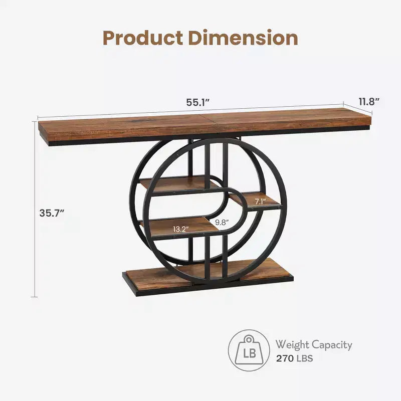 Console industrielle 55, Table d'entrée étroite à 5 niveaux avec cadre métallique et étagères de rangement multifonctionnelles pour salon et couloir