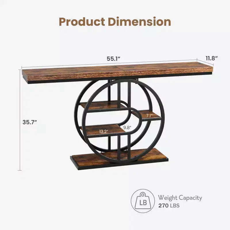 Console industrielle 55, Table d'entrée étroite à 5 niveaux avec cadre métallique et étagères de rangement multifonctionnelles pour salon et couloir